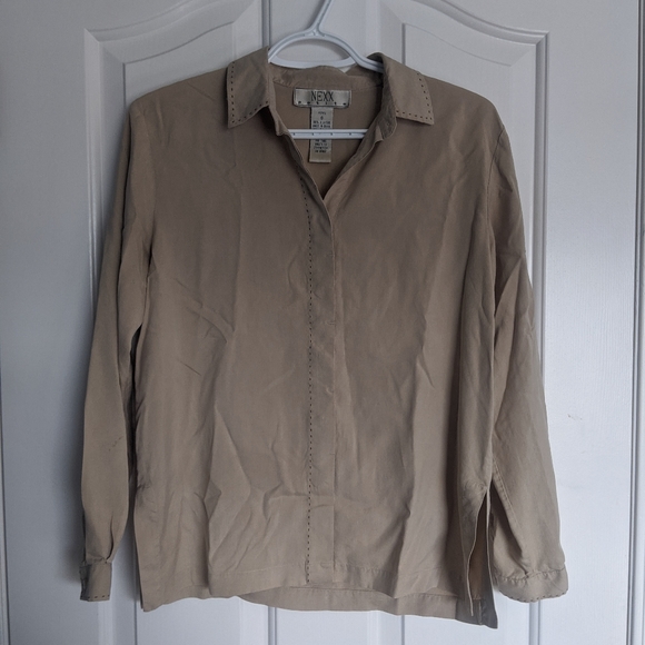 4/$20 Tan 100% Silk Blouse Size Small - Picture 1 of 6